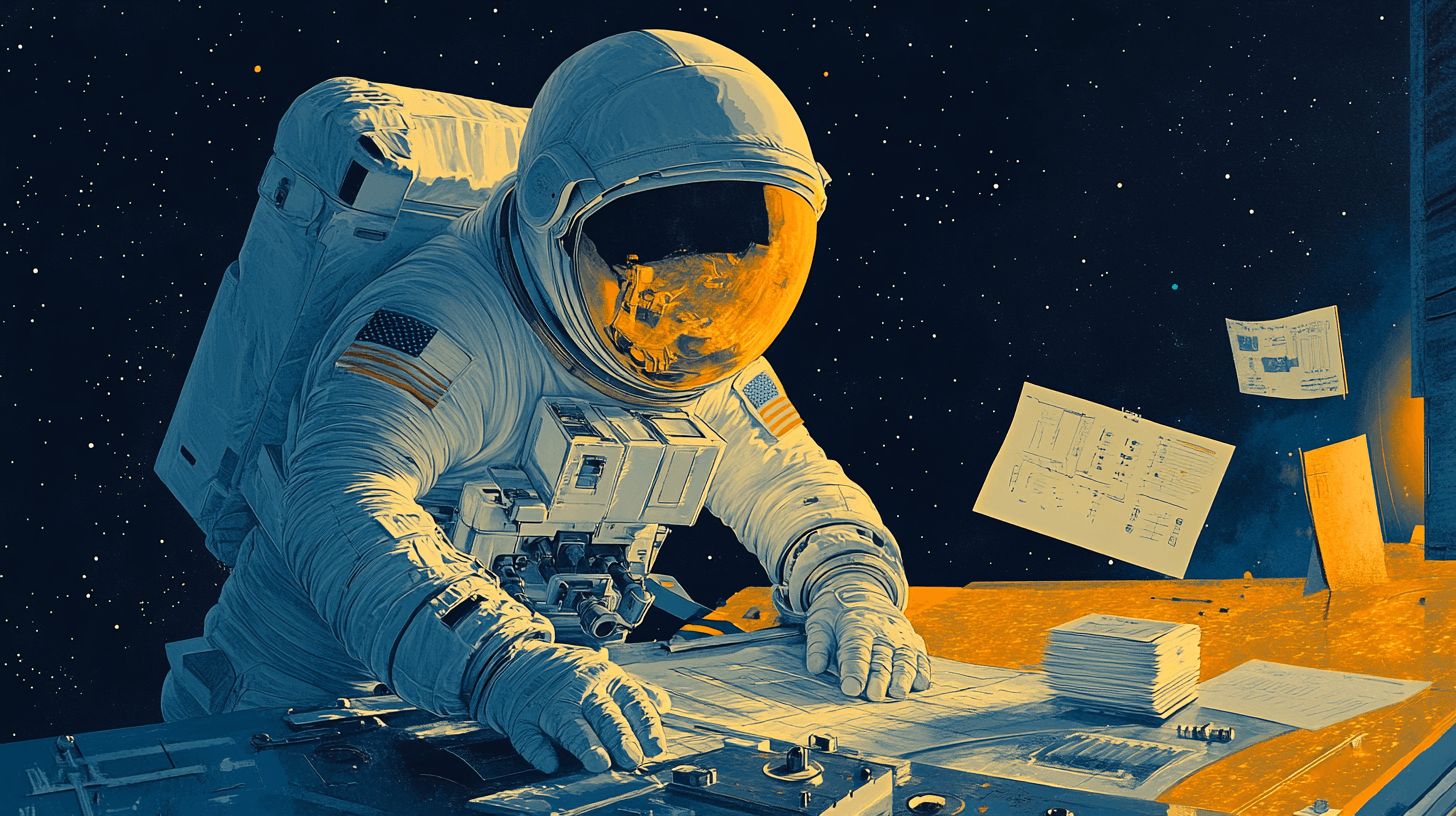 Astronaut über Pläne und Unterlagen an einem Arbeitstisch gebeugt