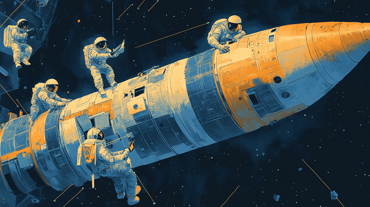Astronauten inspizieren von außen den Rumpf einer Rakete vor dem Start