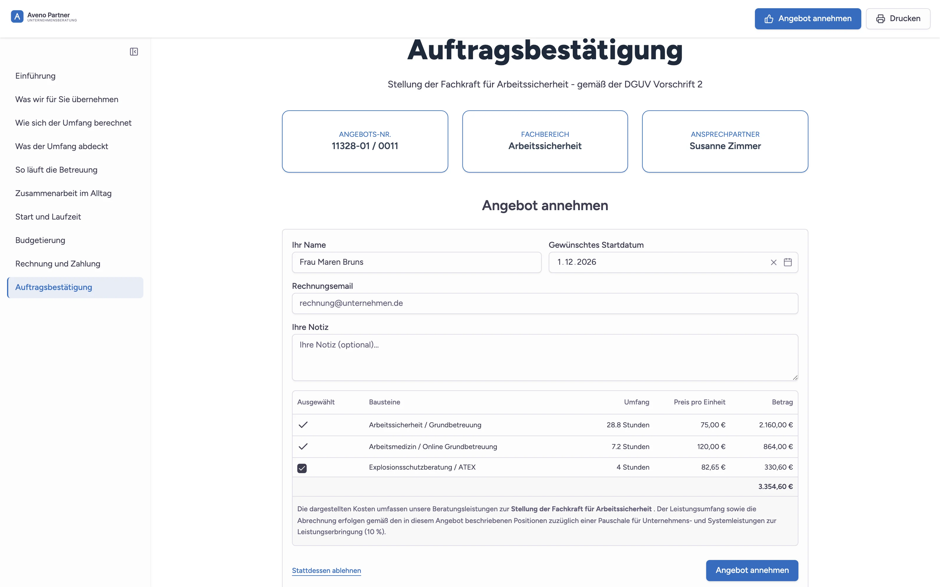 Zusage auf der Angebotsseite mit wählbaren Leistungen und Summe