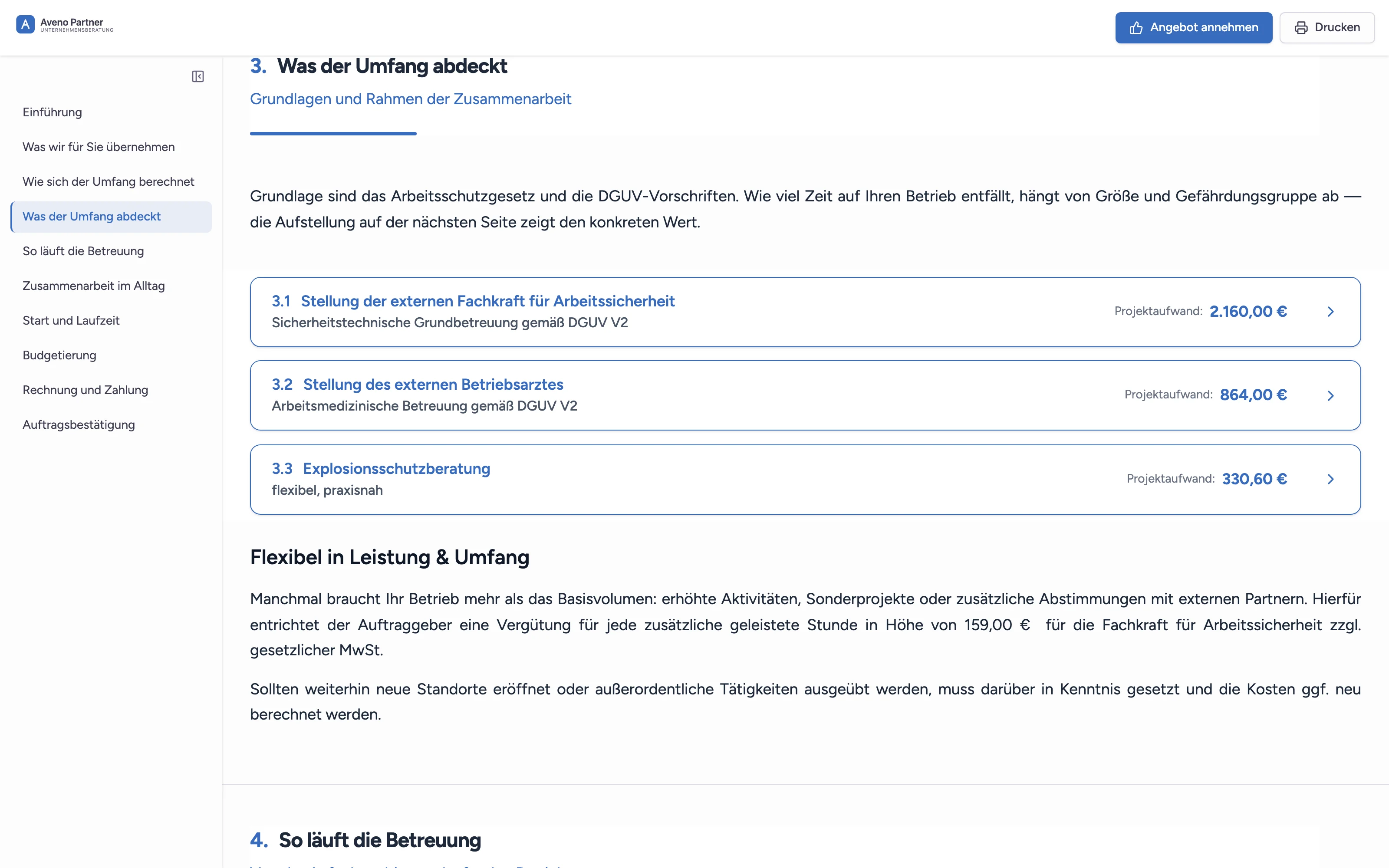 Angebotsseite beim Kunden: Navigation durch die Abschnitte, Leistungen mit Projektaufwand